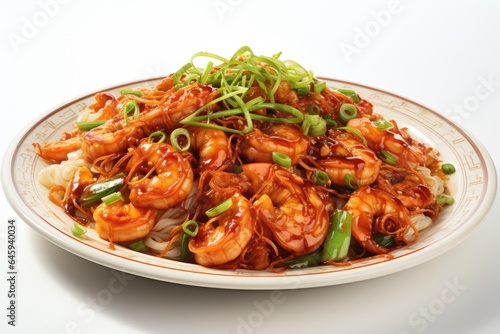 A white plate topped with shrimp and noodles. Fictional image. Tasty Lo Mein dish.