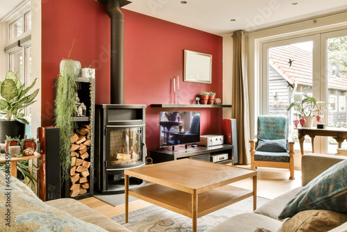 a living room with couches and a fire place in the middle of the room that has been painted red photo