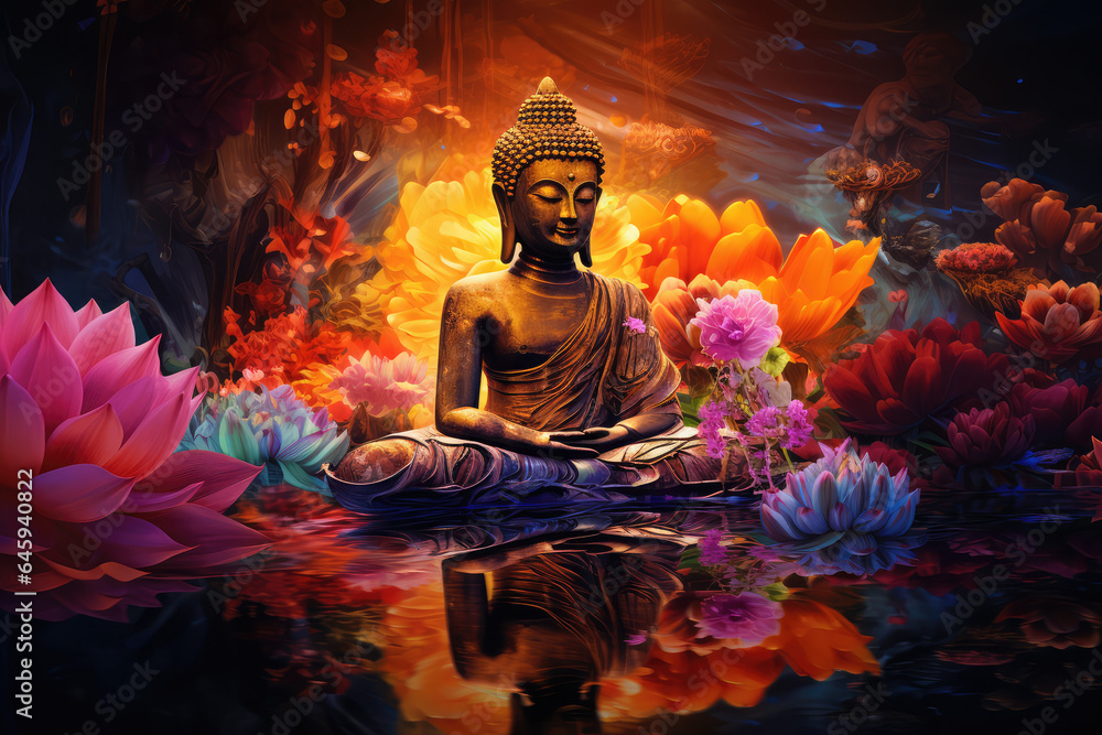 glowing golden buddha and 3d multicolored flowers and lotuses background