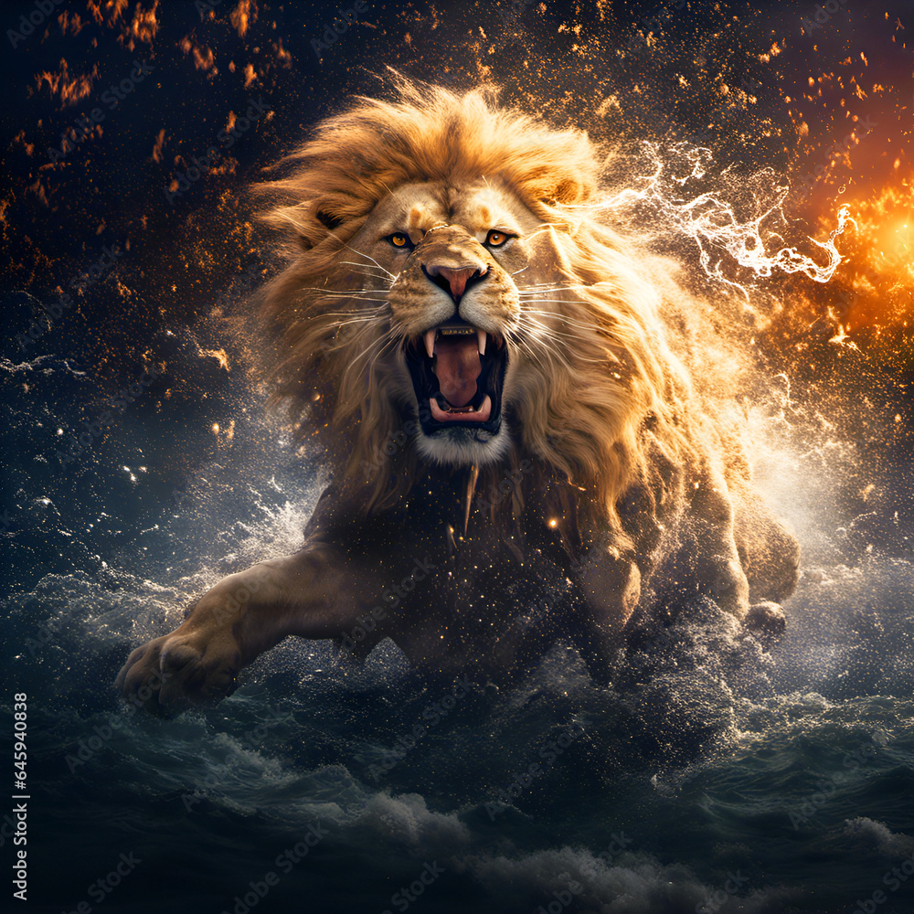 A lion running across the river in fantasy style
