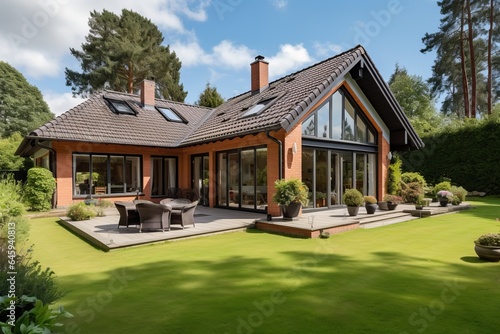 Property market brick cottage with large panoramic windows. Green yard © Denis