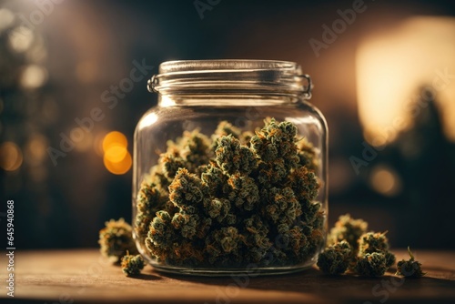 Dry medical cannabis buds in jar on uniform background. ai generative