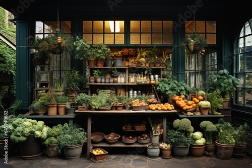 A large display of fresh fruits and vegetables. Imaginary illustration. © tilialucida
