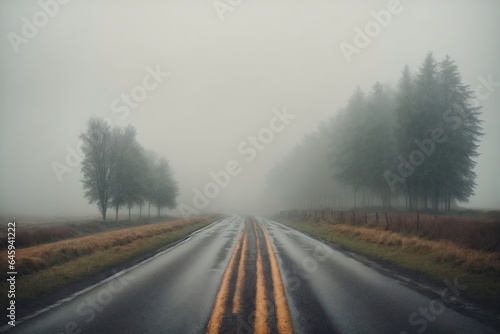 Misty empty road in lowlands Foggy highway. ai generative