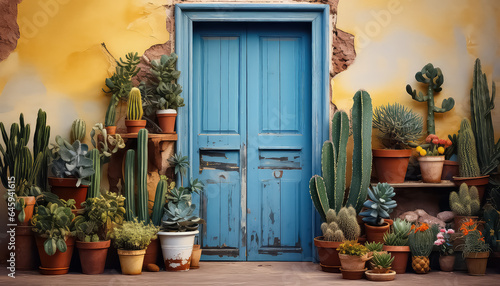 Colorful door and wall with cacti - a concept welcome to Mexico © terra.incognita