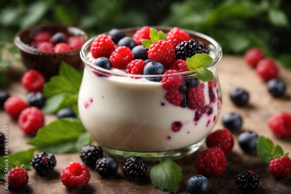 Yogurt and fresh forest berries background. ai generative Yogurt and fresh forest berries background. ai generative