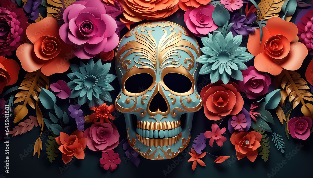 Skull with flowers during the Day of the Dead in Mexico