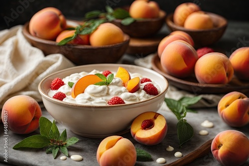 Yogurt and fresh peaches background. ai generative