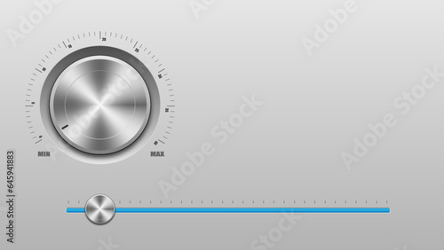 Volume knob. Round switch button. Audio dashboard. control. Realistic