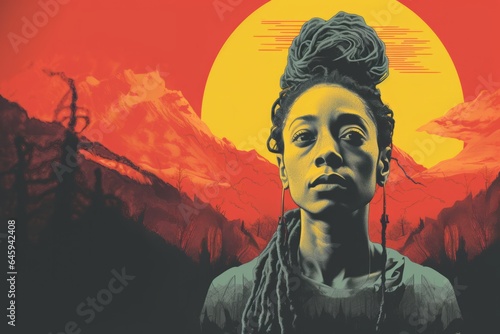 Black Lives Matter, Indigenous Afro Portrait as Illustration, Aboriginal Colours, Red and White and Black, Intense Art, Activism, Edgy, Multicultural Art, Landscape scene with portrait, Mountains