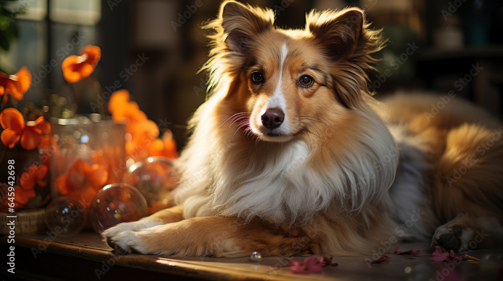 nice dog at home. Cozy moments with pets. Close up, copy space, background. banner