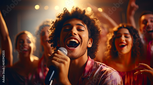 Singing, entertainment and friends dancing in living room with a microphone to music, karaoke at home