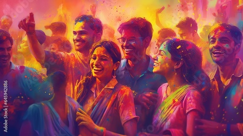Illustration of indian people celebrating holi festival, happiness, colorful powder in background, Generative ai