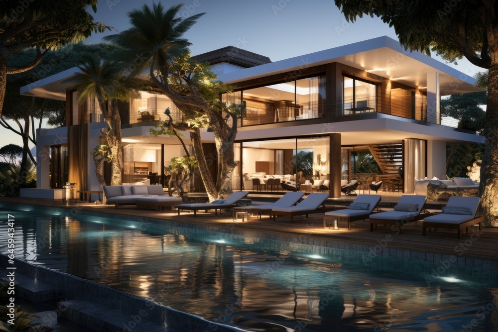 A modern house with a pool and lounge chairs. Fictional image.
