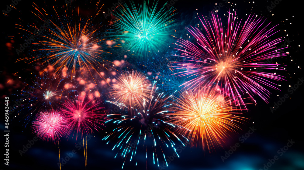 Fototapeta premium Beautiful sparkling color fireworks on a plain black background