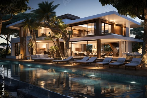 A modern house with a pool and lounge chairs. Fictional image.