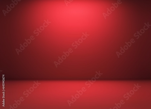 Deep red room empty background 3d. Defocused distanse. Diffused light illuminated wall and floor smooth texture.