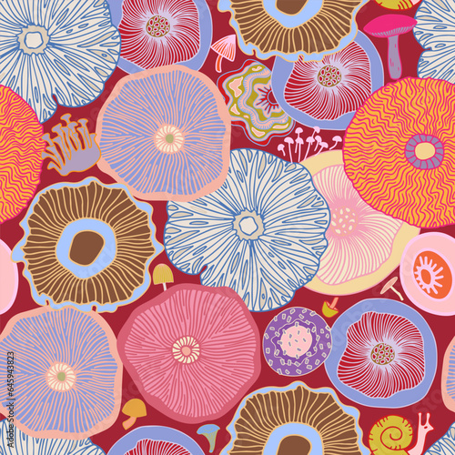 Mushroom seamless pattern. Top view colourful hand drawn illustration.