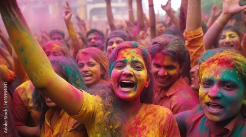 Illustration of indian people celebrating holi festival, happiness, colorful powder in background, Generative ai photo