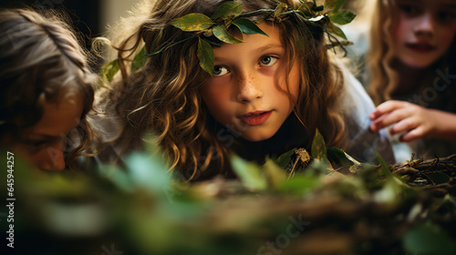 "Inventive Games": Kids are involved in imaginative games like treasure hunts or building forts with branches and leaves