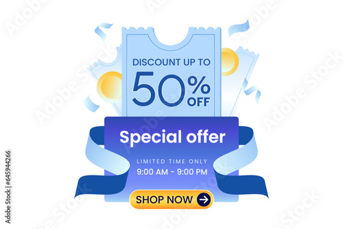Special offer. Discount up to 50% off banner with blue coupon and white background. Coin and blue ribbon for decoration. Use for social media, website, Campaign or promotion.