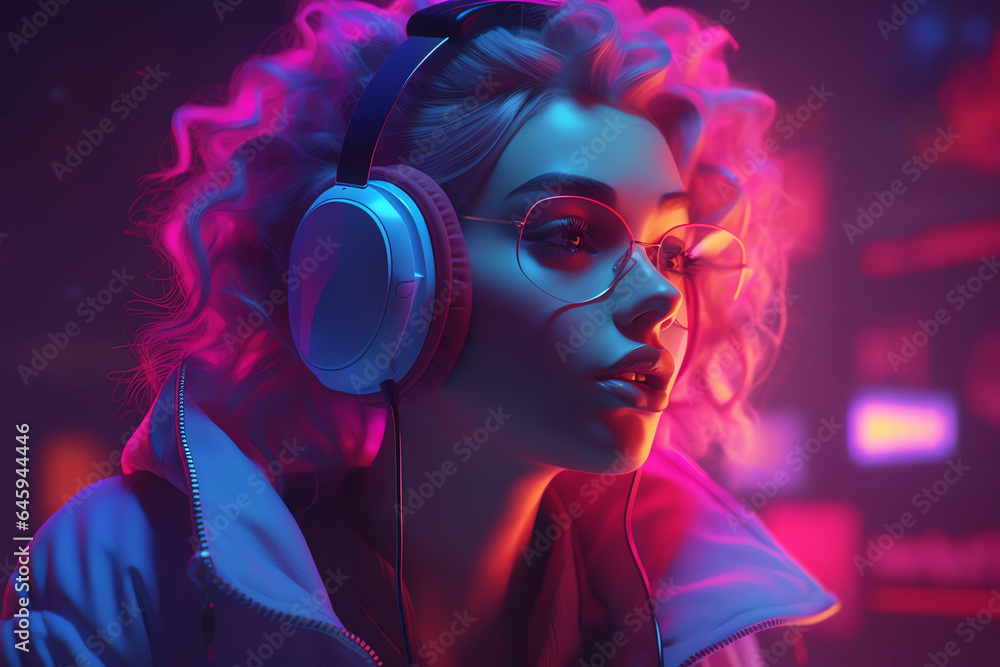 Lofi girl with headphones illustration. Lofi background. Cyberpunk lofi girl. Electro music lofi album cover. Lofi dreamy girl. Lofi girl with headphones illustration. Lofi background. Cyberpunk lofi girl. Electro music lofi album cover. Lofi dreamy girl.