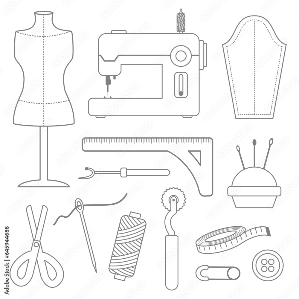 Set of sewing tools equipment vector line art - obrazy, fototapety, plakaty 