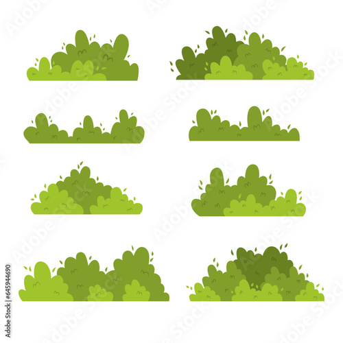 Set of green bush grass vector flat illustration 