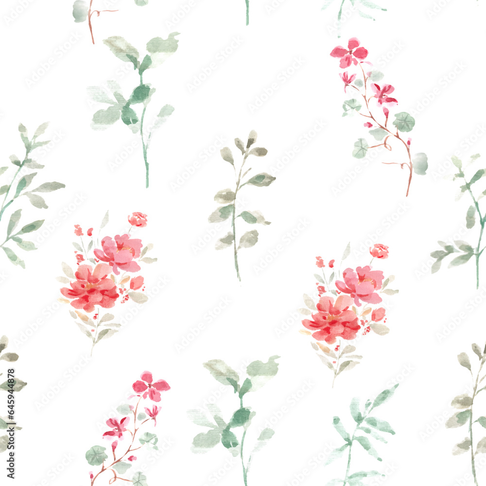 Wild Flower and Leaves Watercolor Seamless Pattern