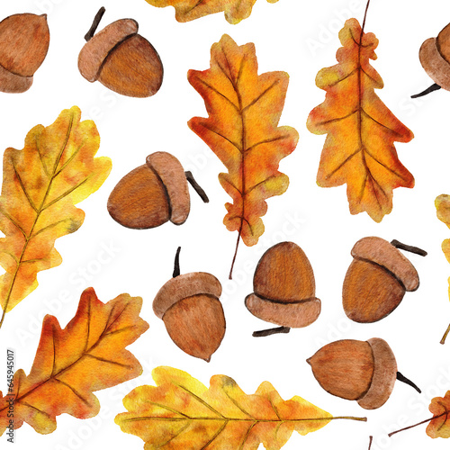 Hand drawn seamless pattern with fall autumn leaf leaves berry berries, maple oak acorn. Natural wild forest wood woodland background in red orange yellow. Vintage fabric print. Bright colorful art.