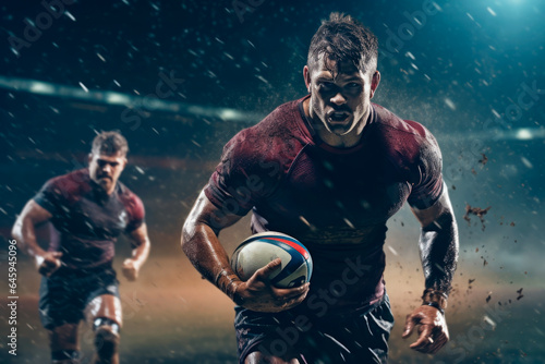 Rugby sportsman players with ball in action on stadium