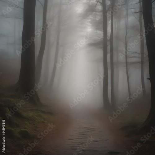 A pattern of footsteps leading into a mysterious, fog-shrouded forest1