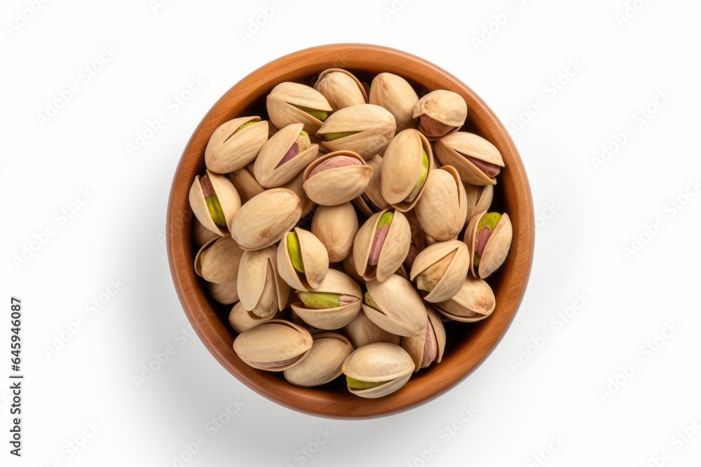 Flat lay of pistachio nuts in a bowl isolated Flat lay of pistachio nuts in a bowl isolated