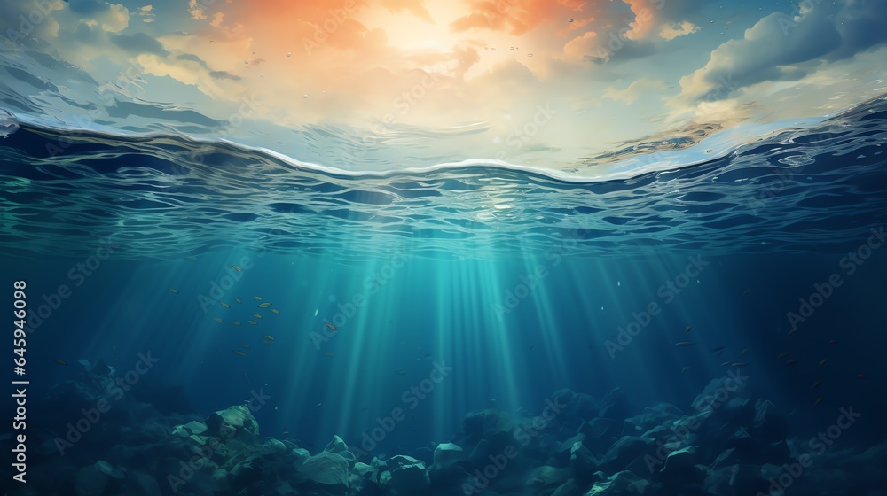 underwater scene with bubbles scene with sun rays Generate AI - obrazy, fototapety, plakaty 