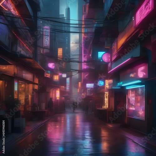 A futuristic  cyberpunk street scene with neon signs and holograms2