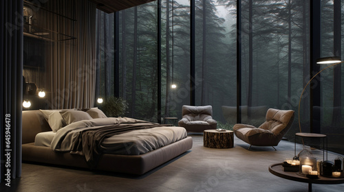 Comfortable bed in a modern bedroom with a view of the forest outside the window