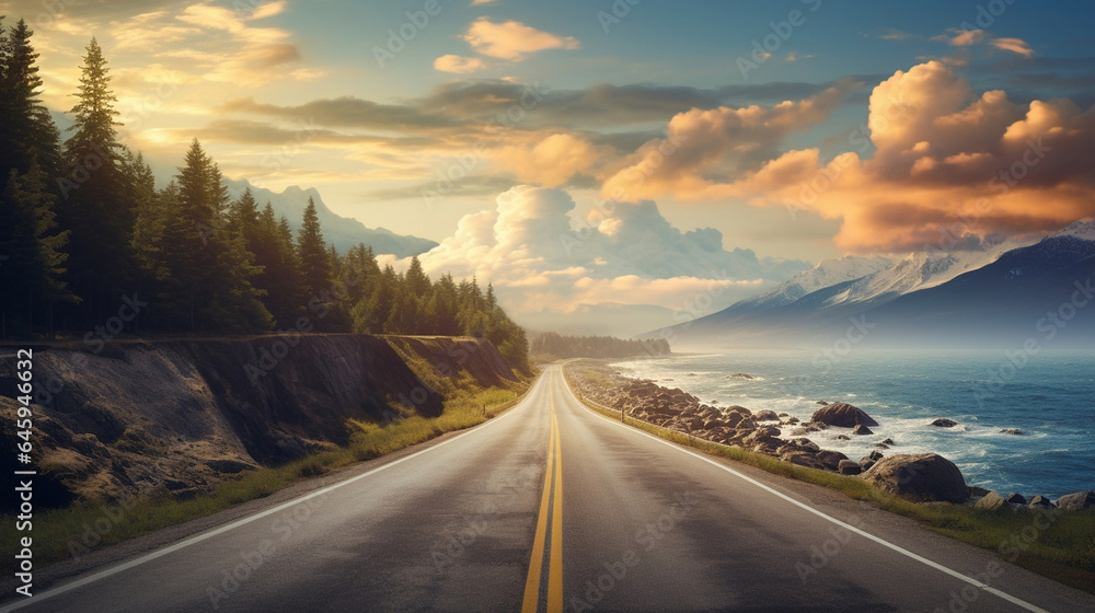 A beautiful road at sunset stretching into the distance, against the backdrop of the ocean