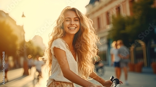 Fototapeta Naklejka Na Ścianę i Meble -  Summer, smile and girl with bicycle in city to explore