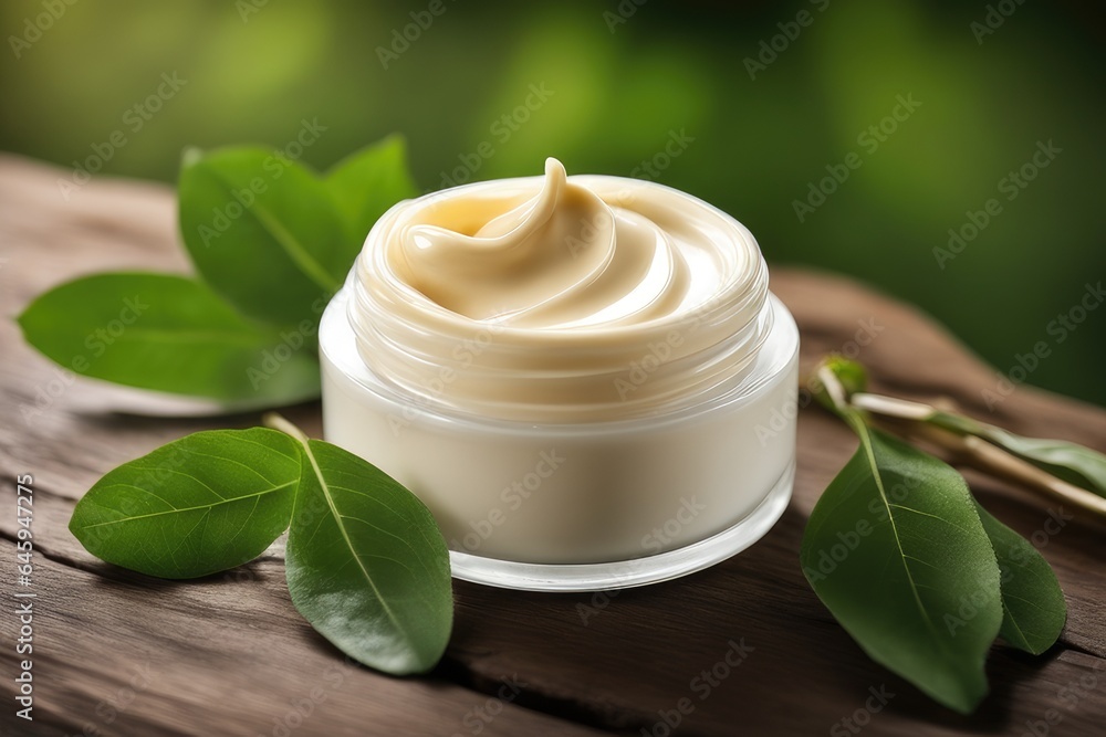 Jar of body cream with green leaves on wooden table, closeup Jar of body cream with green leaves on wooden table, closeup