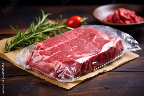 Fresh raw beef ribeye steak sealed in vacuum pack photo