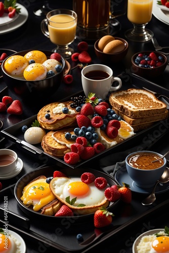 suit of healthy breakfast meal in dark tray, generated by ai