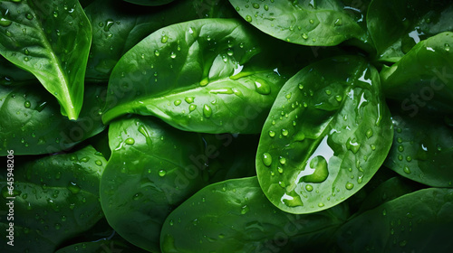 Fresh green spinach leaves with water drops background. Vegetables backdrop. Generative AI