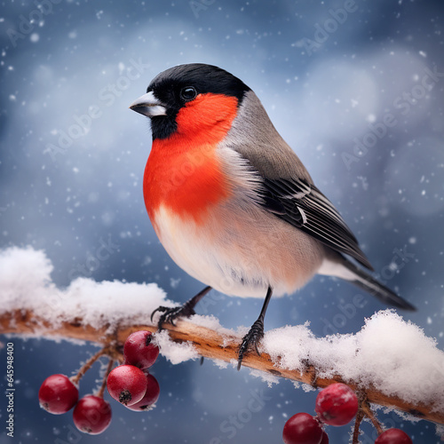 bullfinch bird with red chest on a snow-covered rowan branch, Christmas illustration