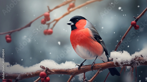 bullfinch bird with red chest on a snow-covered rowan branch, Christmas illustration © Verzh