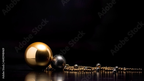 Shiny gold Christmass ball on black background, light reflecting on the golden xmas bauble. Ornament, ball isolated on black background. Minimalistic banner, card.