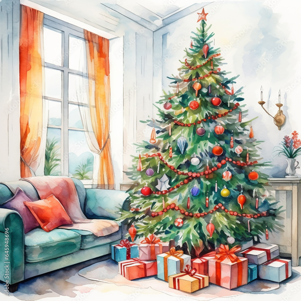 Festive Christmas tree with gifts in the living room in a watercolor style