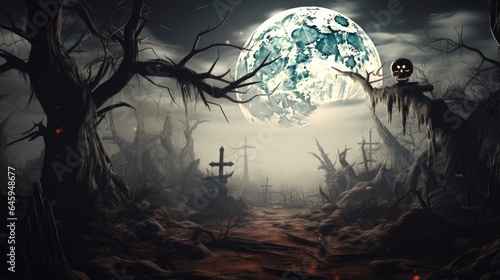 Halloween dark night forest full moon. graveyard silhouette halloween Abstract Background.