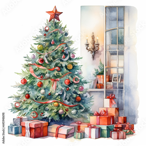 Festive Christmas tree with gifts in the living room in a watercolor style