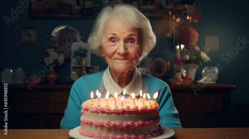 Eccentric Birthday Joy: Elderly Woman's Delightfully Zany Expression as She Readies to Blow Out Candles on Her Celebration Cake.