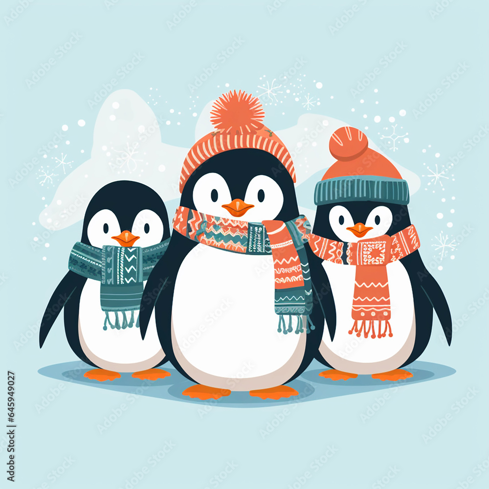 Fototapeta premium group of adorable penguins wearing scarves, Christmas children's illustration